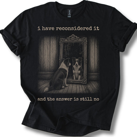 Border Collie The Answer Is Still No on a Black T-shirt, shown flat