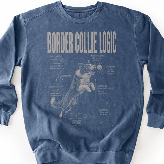 Border Collie Logic on a Denim crewneck sweatshirt, shown flat