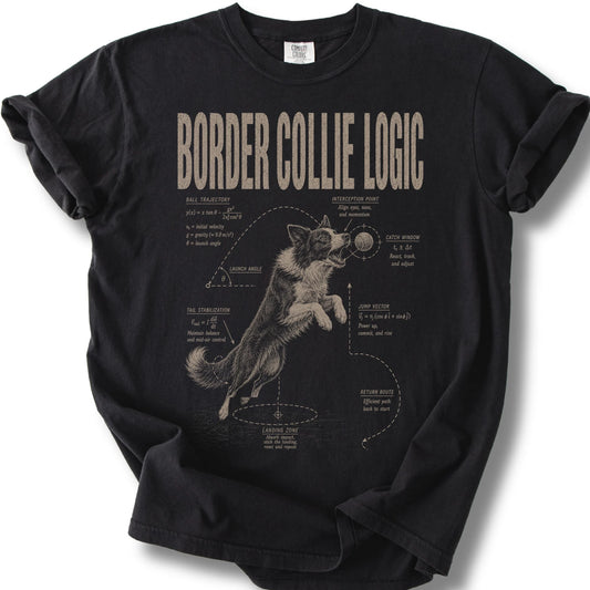 Border Collie Logic on a Black T-shirt, shown flat