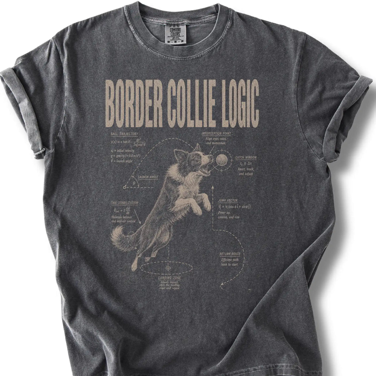 Border Collie Logic on a Pepper T-shirt, shown flat