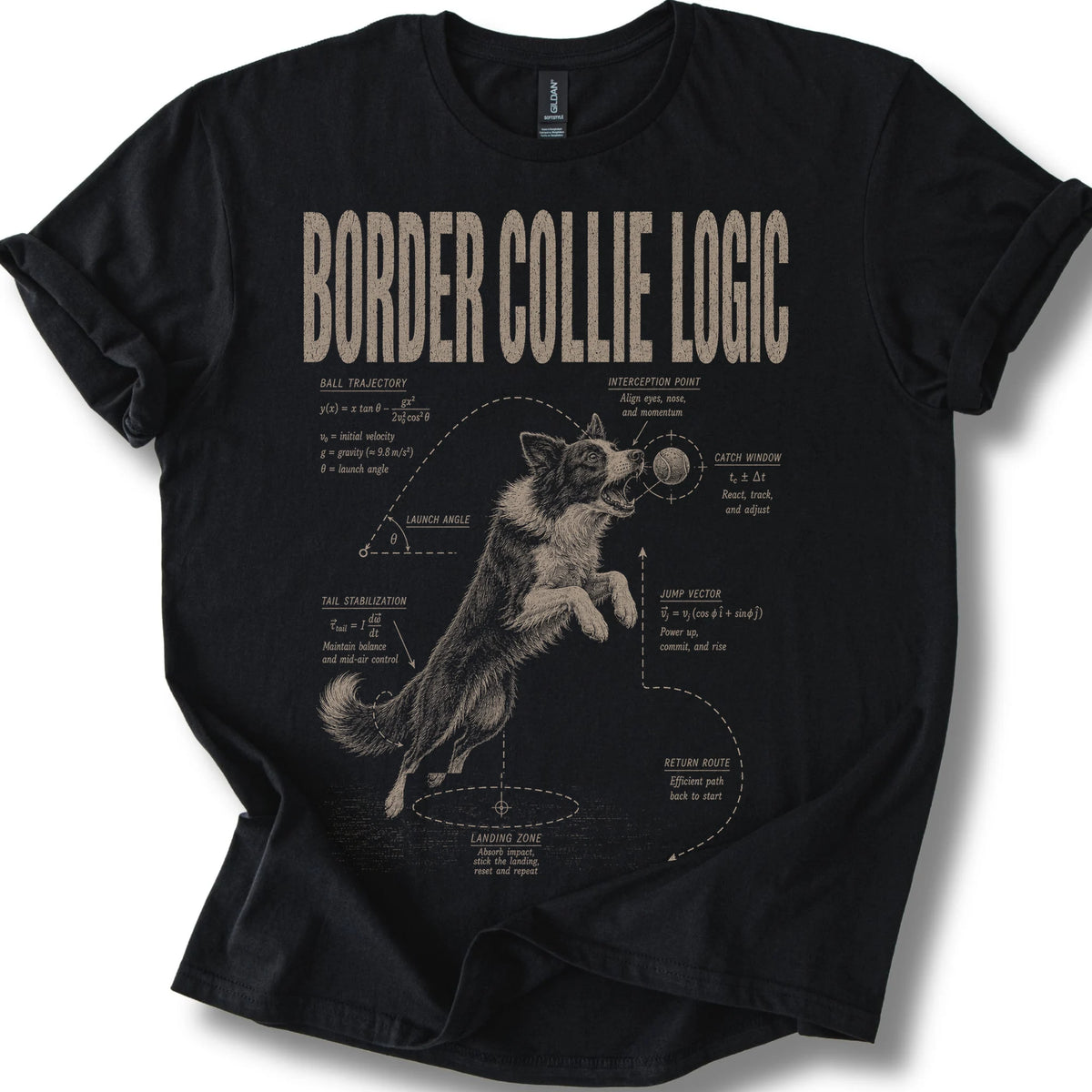 Border Collie Logic on a Black T-shirt, shown flat