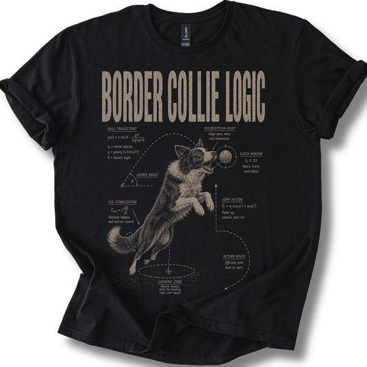 Border Collie Logic on a Black T-shirt, shown flat