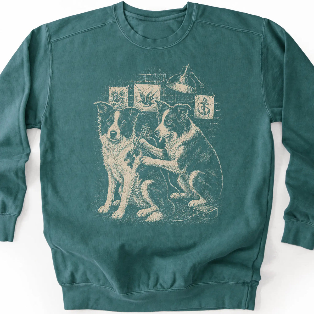 Border Collie Tattoo on a Blue Spruce crewneck sweatshirt, shown flat