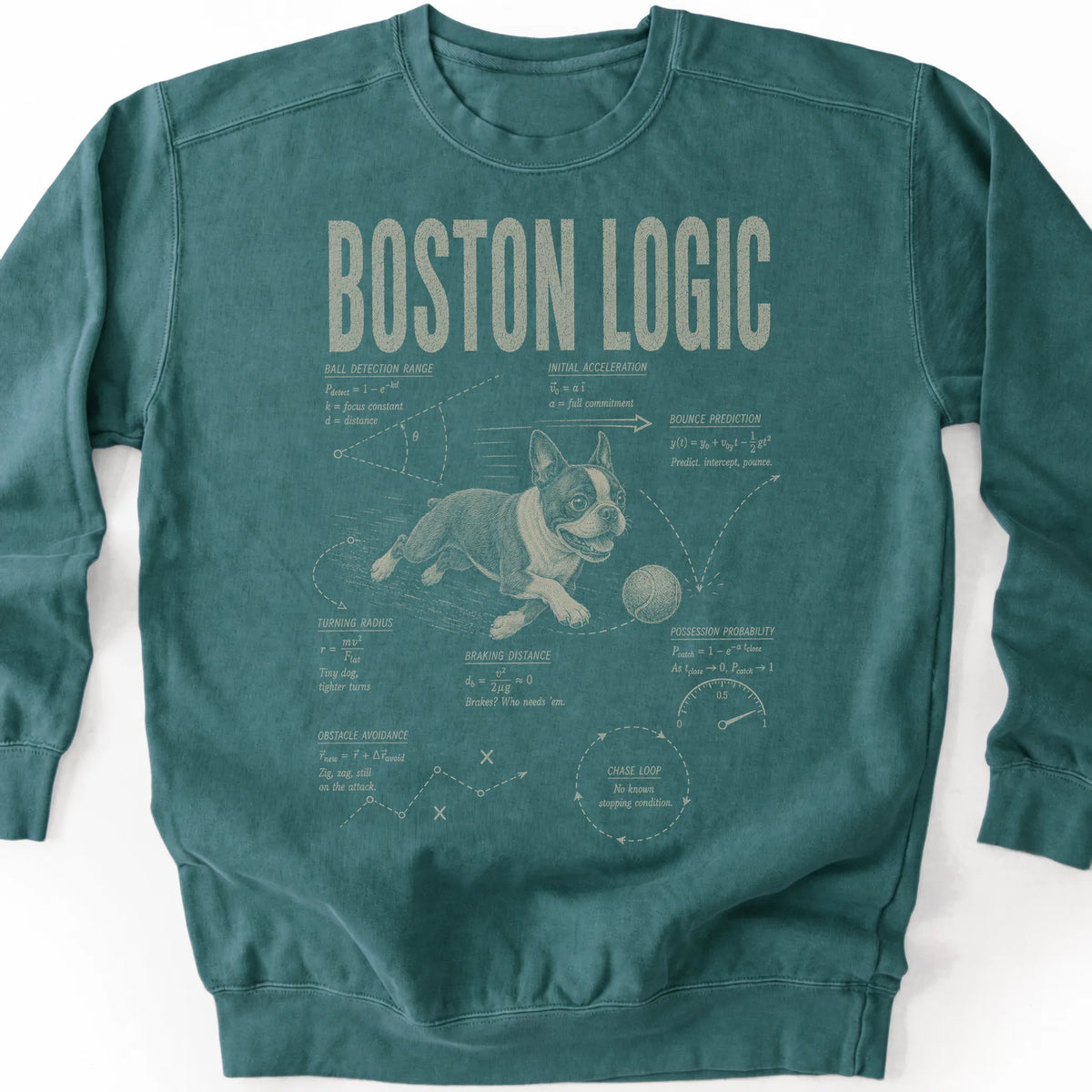 Boston Terrier Ball Logic on a Blue Spruce crewneck sweatshirt, shown flat