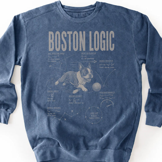 Boston Terrier Ball Logic on a Denim crewneck sweatshirt, shown flat