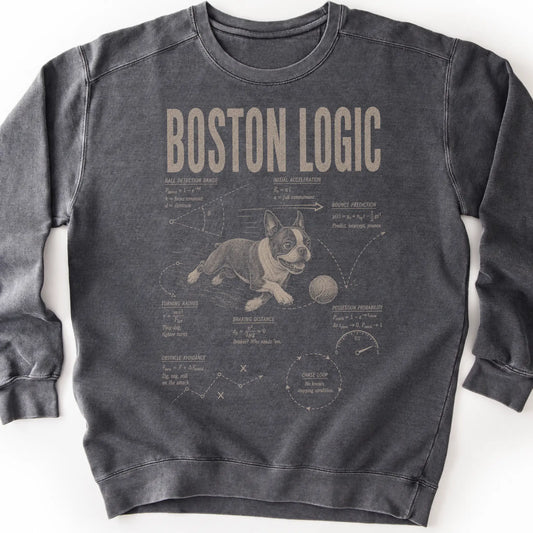 Boston Terrier Ball Logic on a Pepper crewneck sweatshirt, shown flat