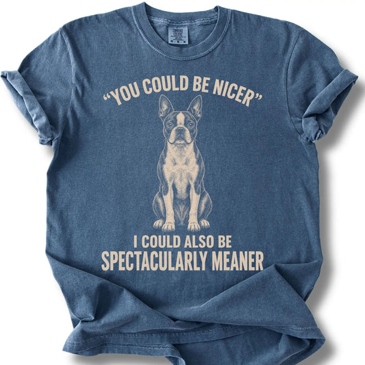 Boston Terrier Guard Dog design on a Denim Comfort Colors T-shirt, shown flat