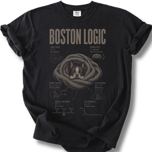 Boston Terrier Logic design on a Black Comfort Colors T-shirt, shown flat