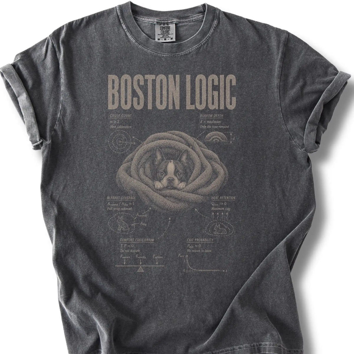 Boston Terrier Logic design on a Pepper Comfort Colors T-shirt, shown flat