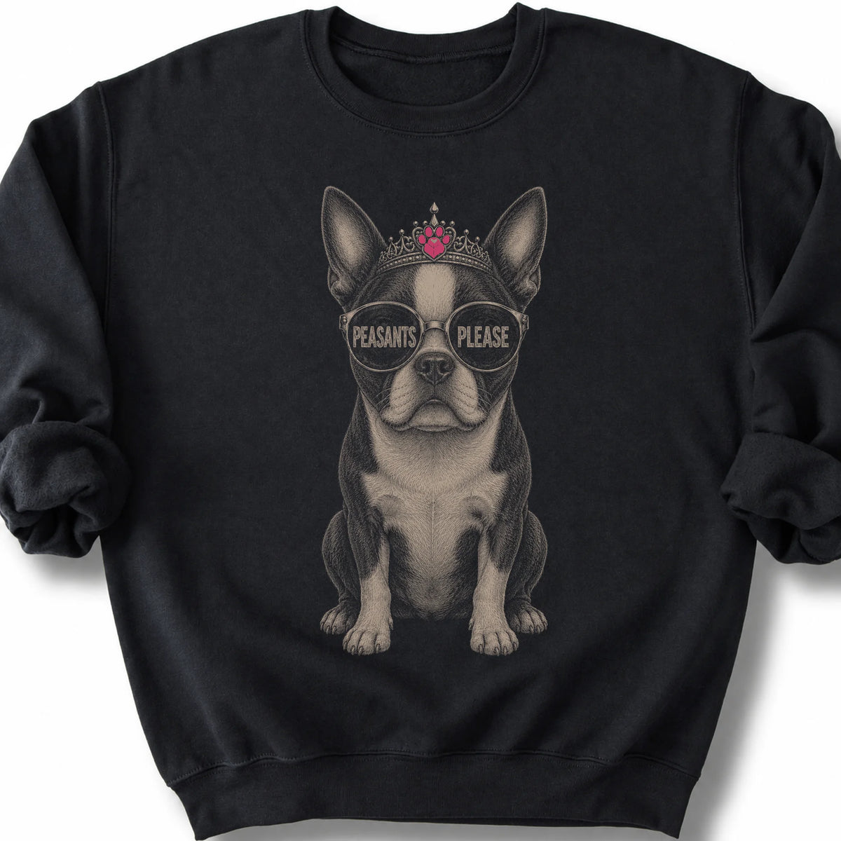 Boston Terrier Peasants Please on a Black crewneck sweatshirt, shown flat