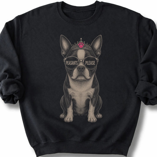 Boston Terrier Peasants Please on a Black crewneck sweatshirt, shown flat
