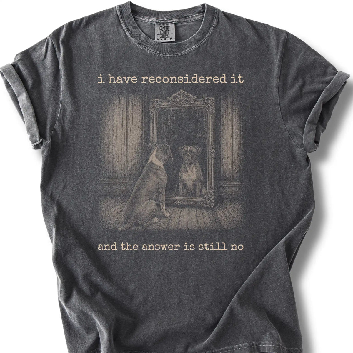 Antisocial Boxer design on a Pepper Comfort Colors T-shirt, shown flat