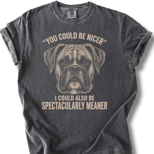 Boxer Guard Dog design on a Pepper Comfort Colors T-shirt, shown flat