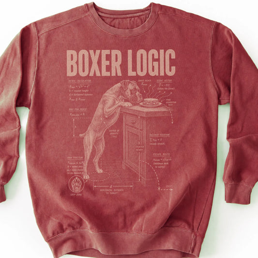 Boxer Logic on a Crimson crewneck sweatshirt, shown flat