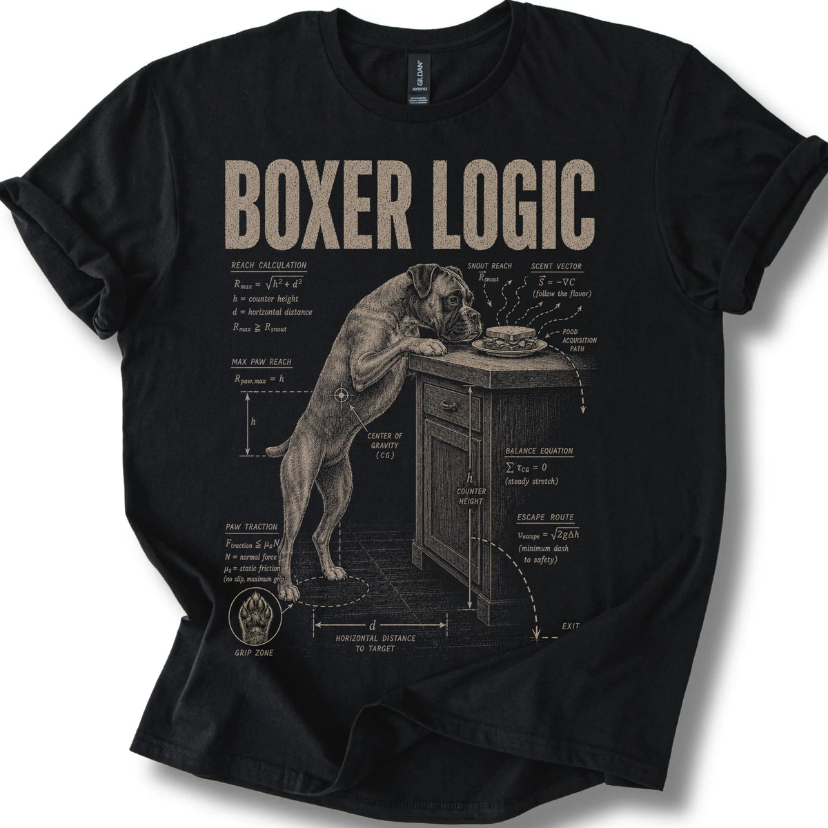 Boxer Logic on a Black T-shirt, shown flat