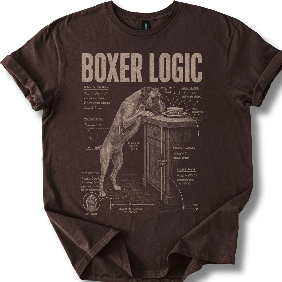 Boxer Logic on a Dark Chocolate T-shirt, shown flat