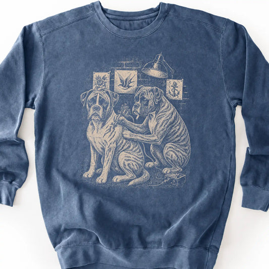 Boxer Tattoo on a Denim crewneck sweatshirt, shown flat