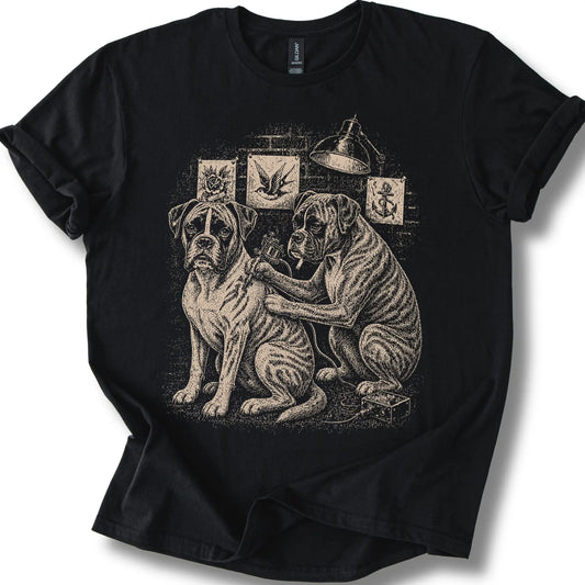 Boxer Tattoo on a Black T-shirt, shown flat