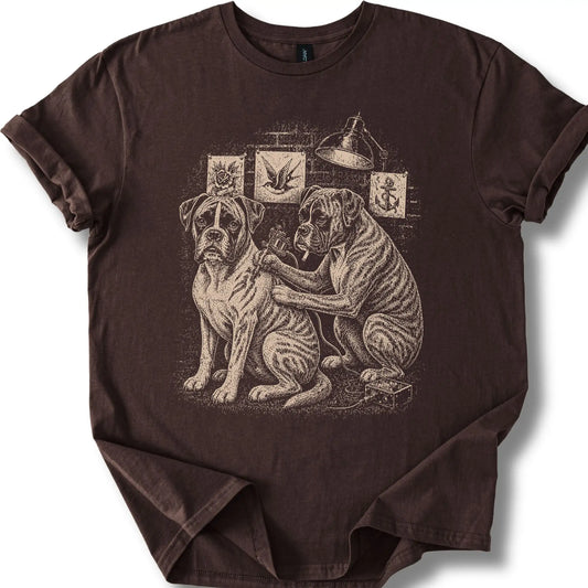 Boxer Tattoo on a Dark Chocolate T-shirt, shown flat