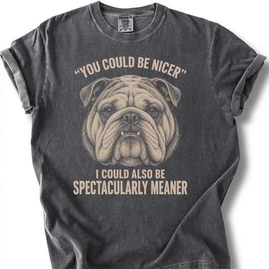 Bulldog Guard Dog design on a Pepper Comfort Colors T-shirt, shown flat