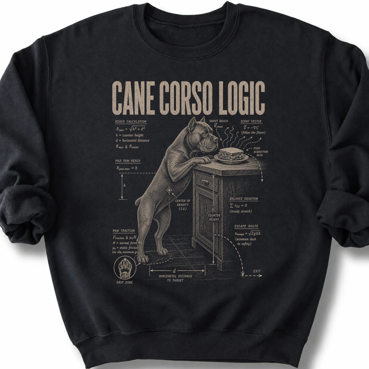 Cane Corso Logic on a Black crewneck sweatshirt, shown flat