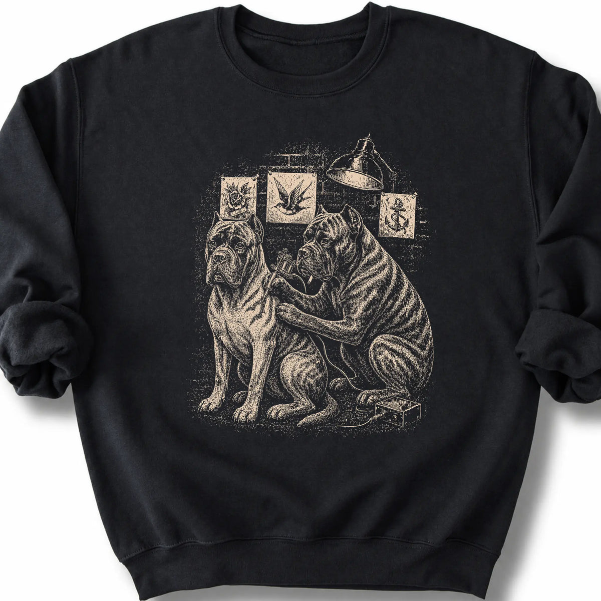 Cane Corso Tattoo on a Black crewneck sweatshirt, shown flat