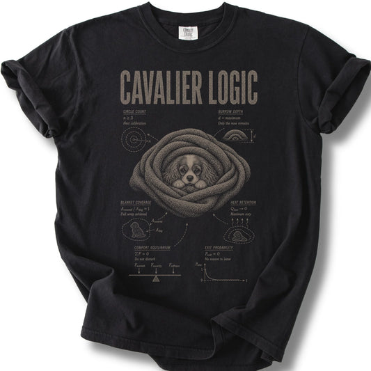 Cavalier King Charles Spaniel Logic design on a Black Comfort Colors T-shirt, shown flat