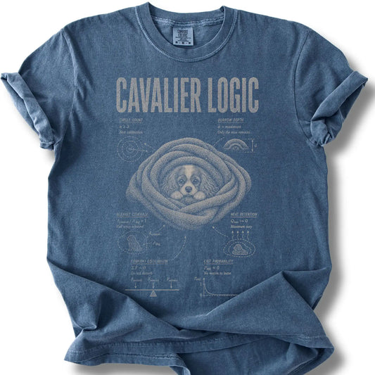 Cavalier King Charles Spaniel Logic design on a Denim Comfort Colors T-shirt, shown flat