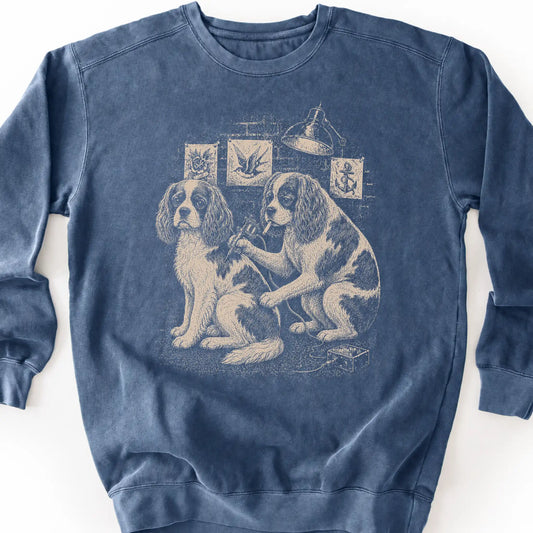 Cavalier King Charles Spaniel Tattoo on a Denim crewneck sweatshirt, shown flat