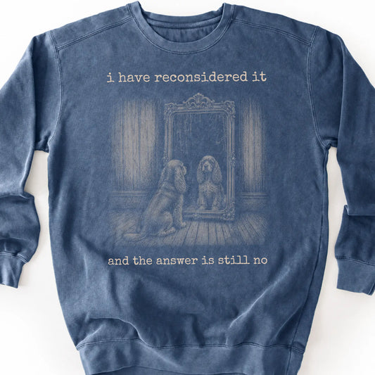 Cocker Spaniel The Answer Is Still No on a Denim crewneck sweatshirt, shown flat