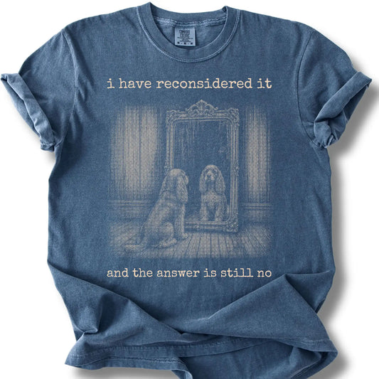 Antisocial Cocker Spaniel design on a Denim Comfort Colors T-shirt, shown flat
