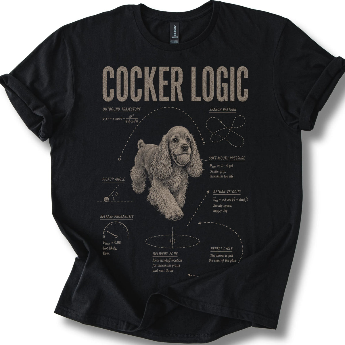 Cocker Spaniel Logic on a Black T-shirt, shown flat
