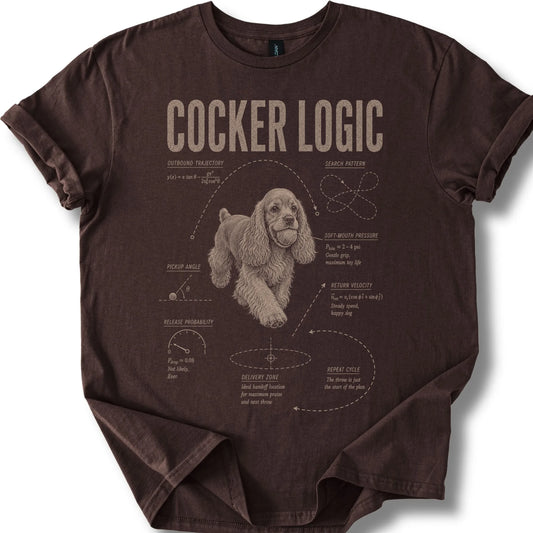 Cocker Spaniel Logic on a Dark Chocolate T-shirt, shown flat