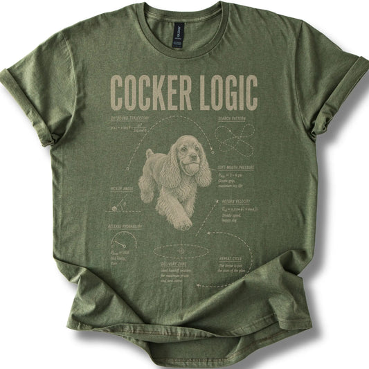 Cocker Spaniel Logic on a Military Green T-shirt, shown flat