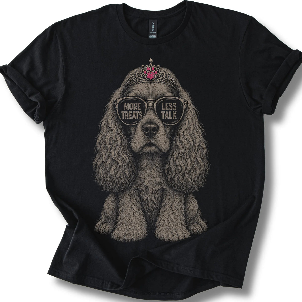 Cocker Spaniel More Treats Less Talk on a Black T-shirt, shown flat
