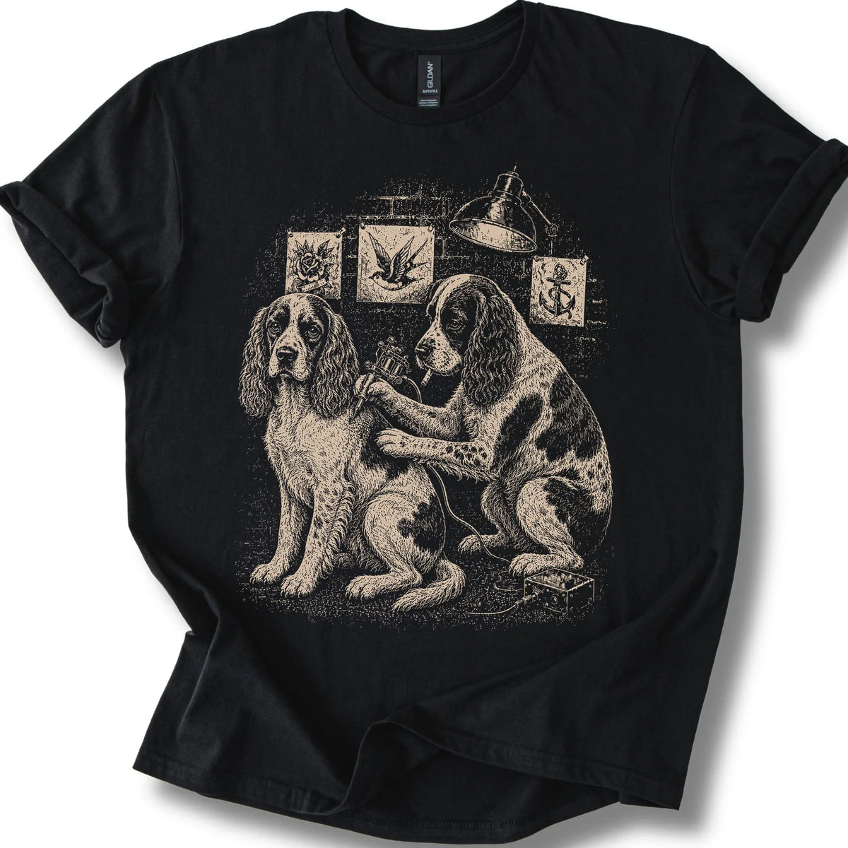 Cocker Spaniel Tattoo on a Black T-shirt, shown flat