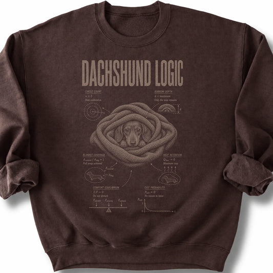 Dachshund Logic on a Dark Chocolate crewneck sweatshirt, shown flat