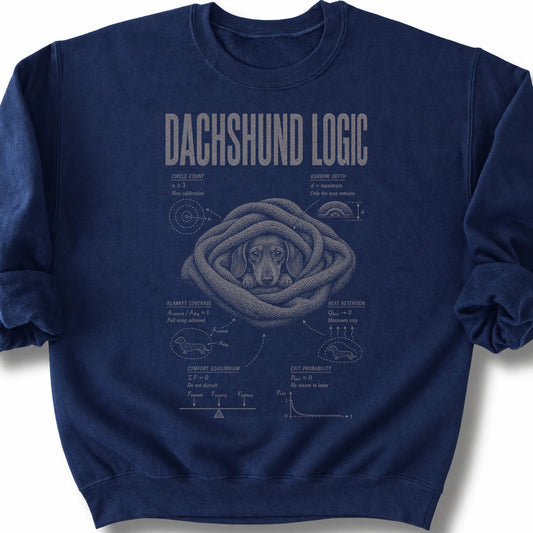 Dachshund Logic on a Navy crewneck sweatshirt, shown flat