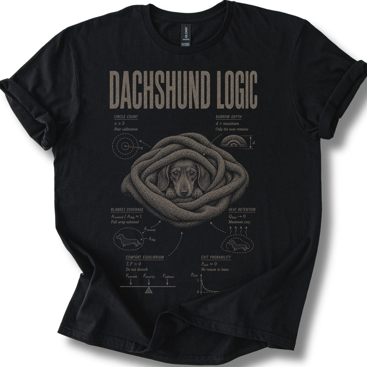 Dachshund Logic on a Black T-shirt, shown flat
