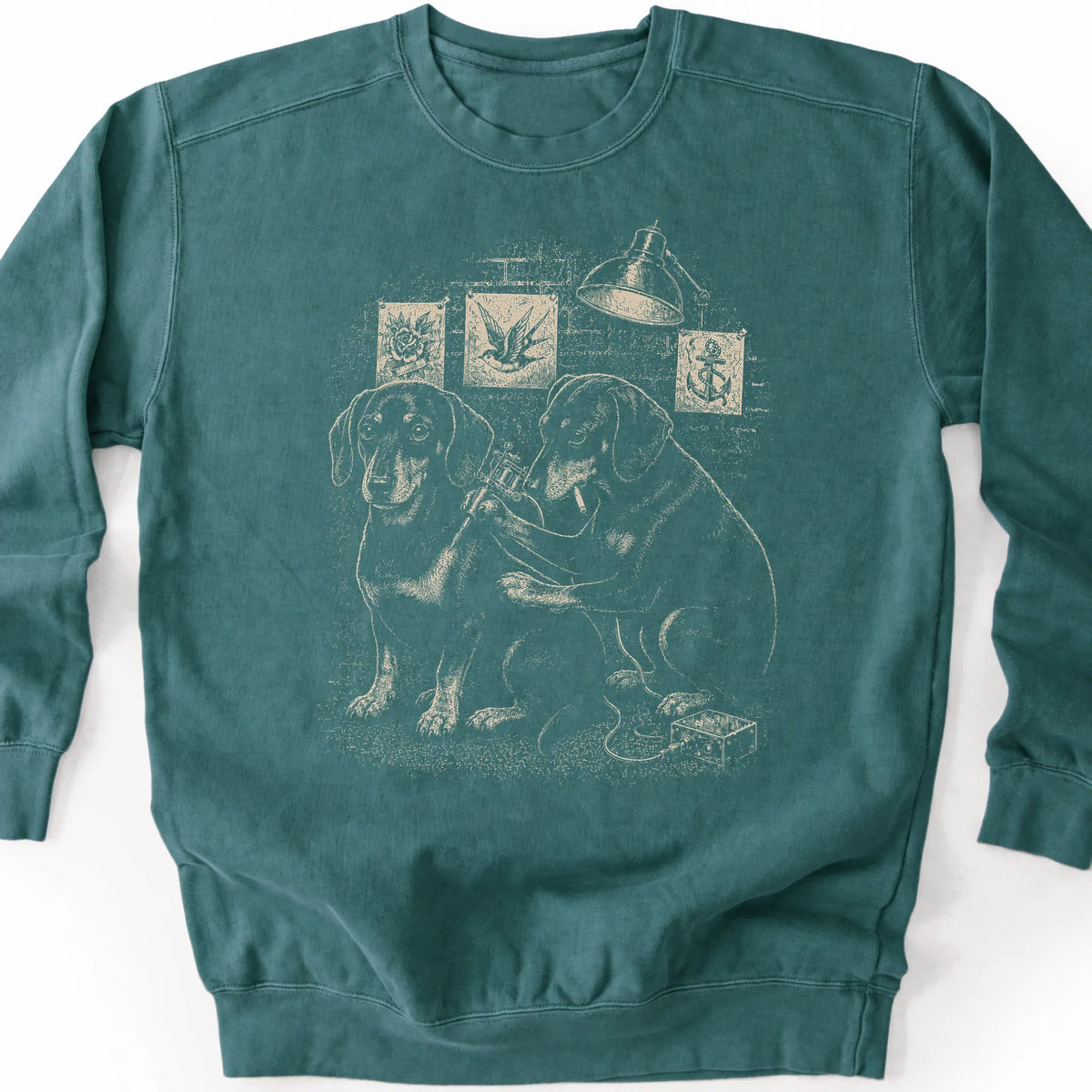 Dachshund Tattoo on a Blue Spruce crewneck sweatshirt, shown flat