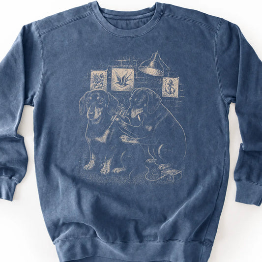 Dachshund Tattoo on a Denim crewneck sweatshirt, shown flat