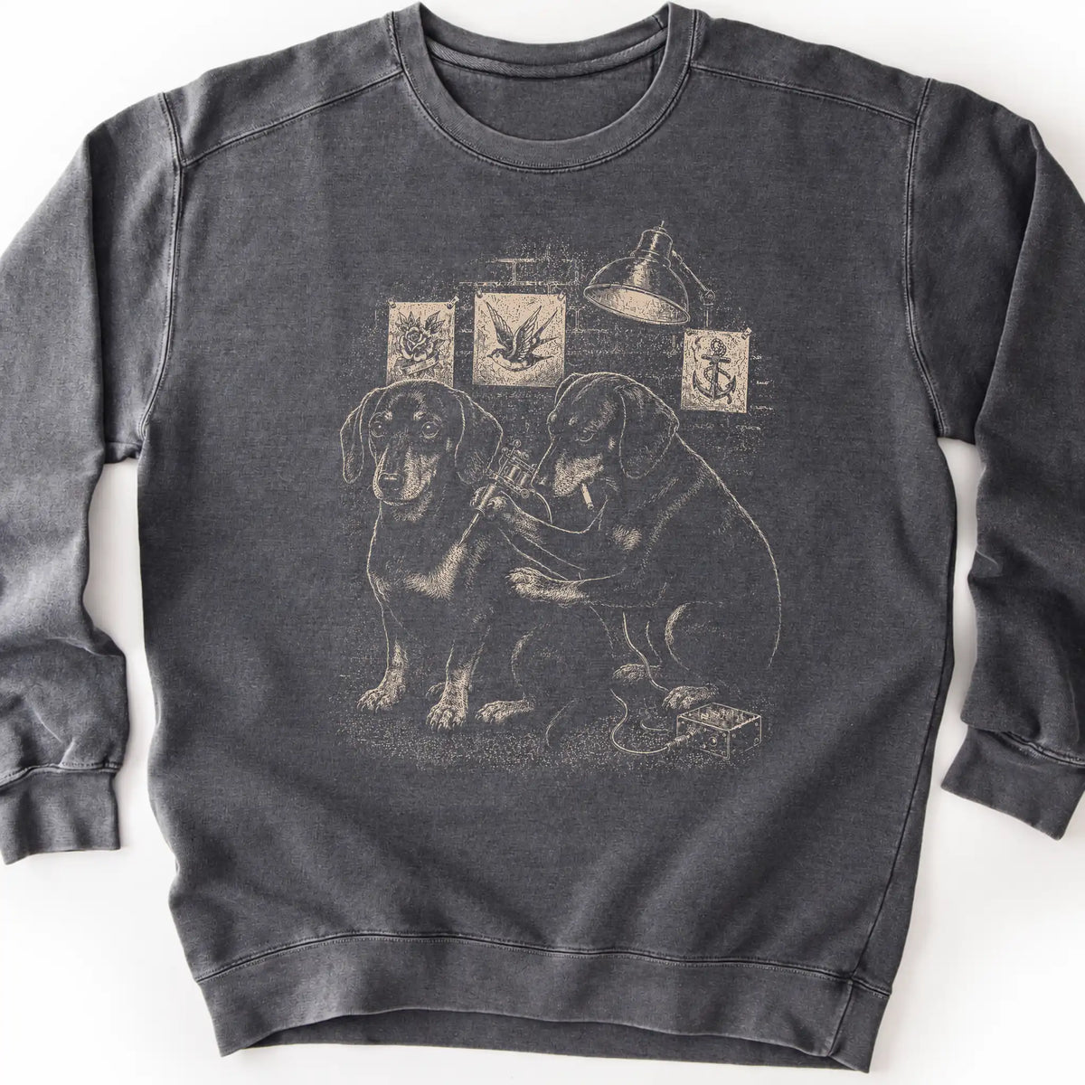 Dachshund Tattoo on a Pepper crewneck sweatshirt, shown flat