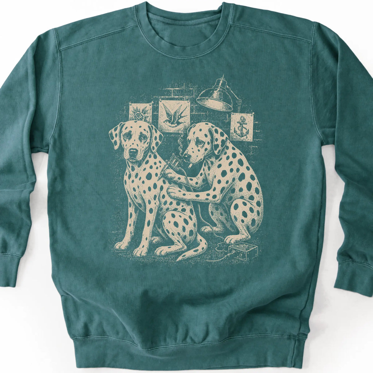 Dalmatian Tattoo on a Blue Spruce crewneck sweatshirt, shown flat