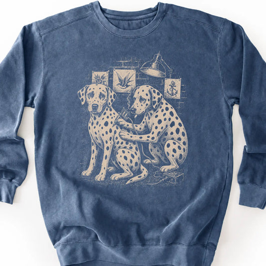 Dalmatian Tattoo on a Denim crewneck sweatshirt, shown flat