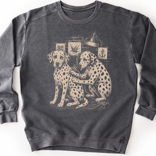 Dalmatian Tattoo on a Pepper crewneck sweatshirt, shown flat