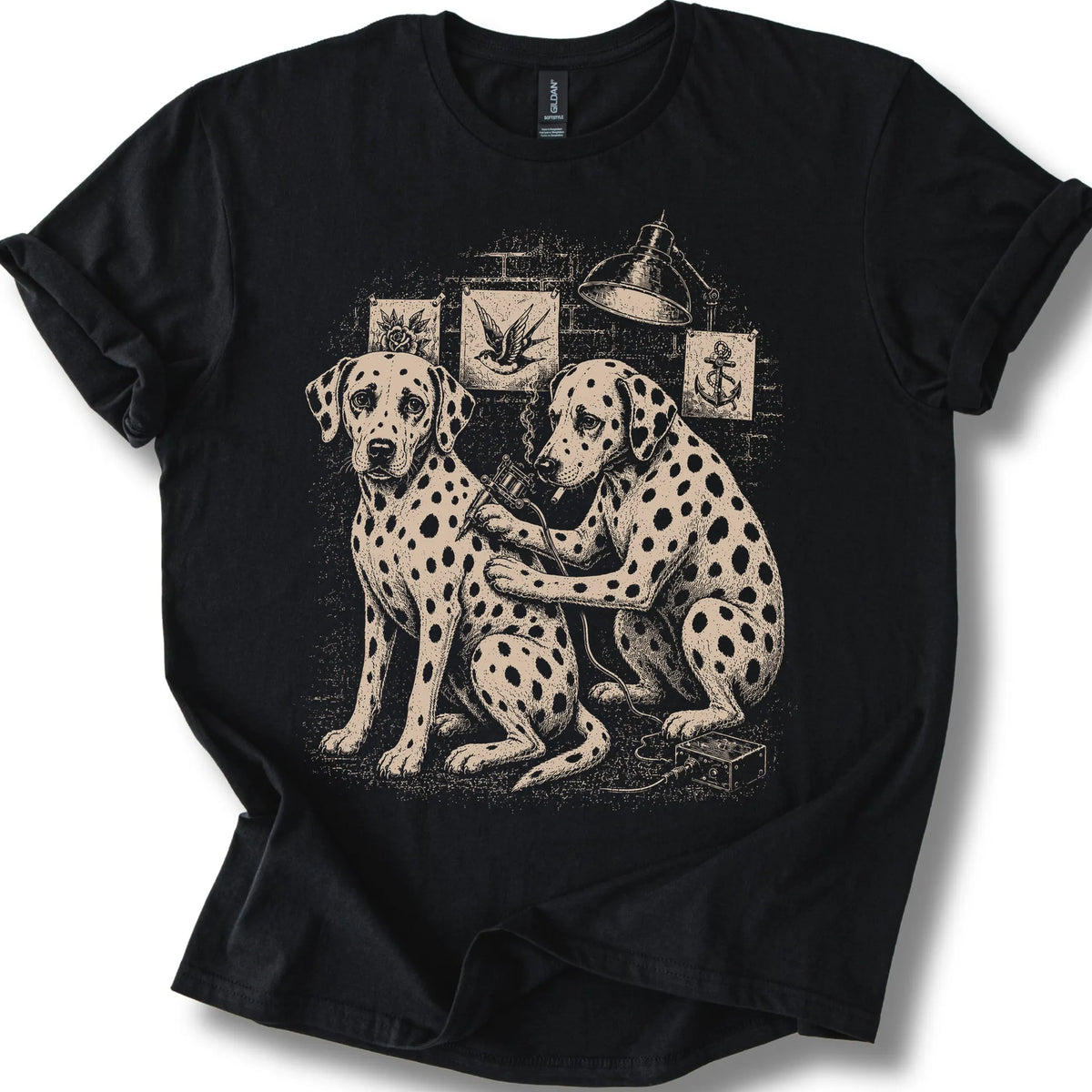 Dalmatian Tattoo on a Black T-shirt, shown flat