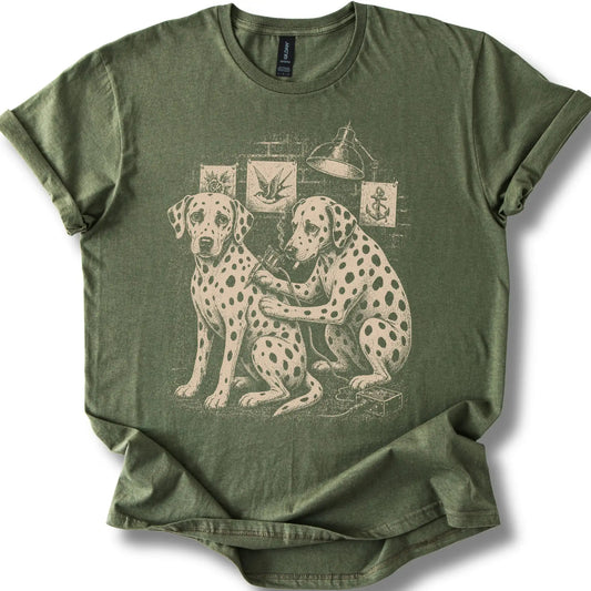Dalmatian Tattoo on a Military Green T-shirt, shown flat