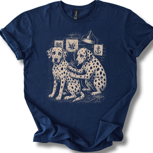 Dalmatian Tattoo on a Navy T-shirt, shown flat