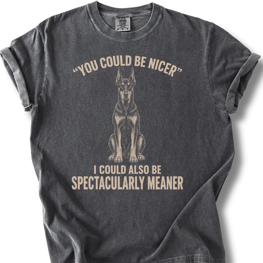 Doberman Guard Dog design on a Pepper Comfort Colors T-shirt, shown flat