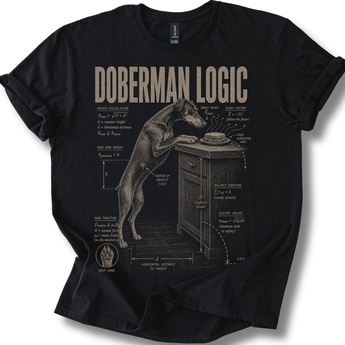 Doberman Logic on a Black T-shirt, shown flat